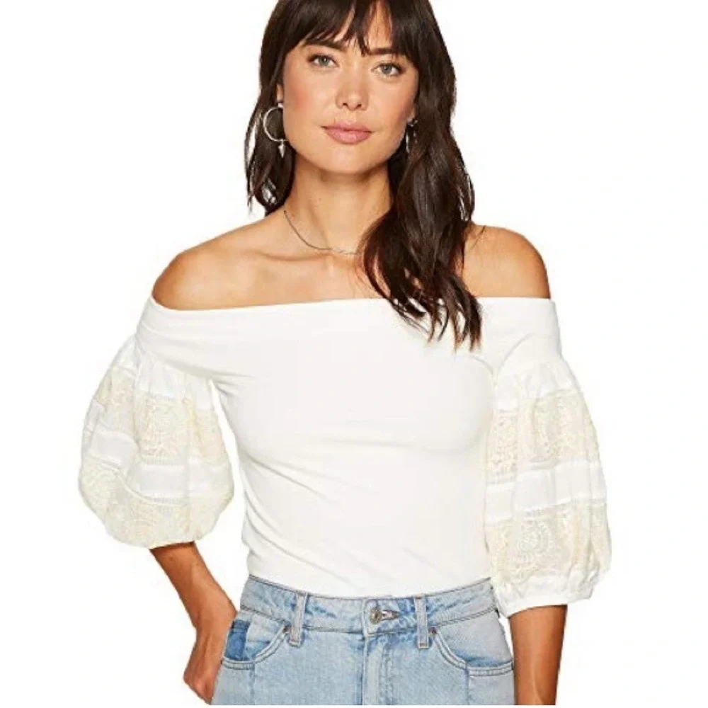 Free People Rock with It Top‎ Off Shoulder Medium Embroidered Puff Sleeves Ivory